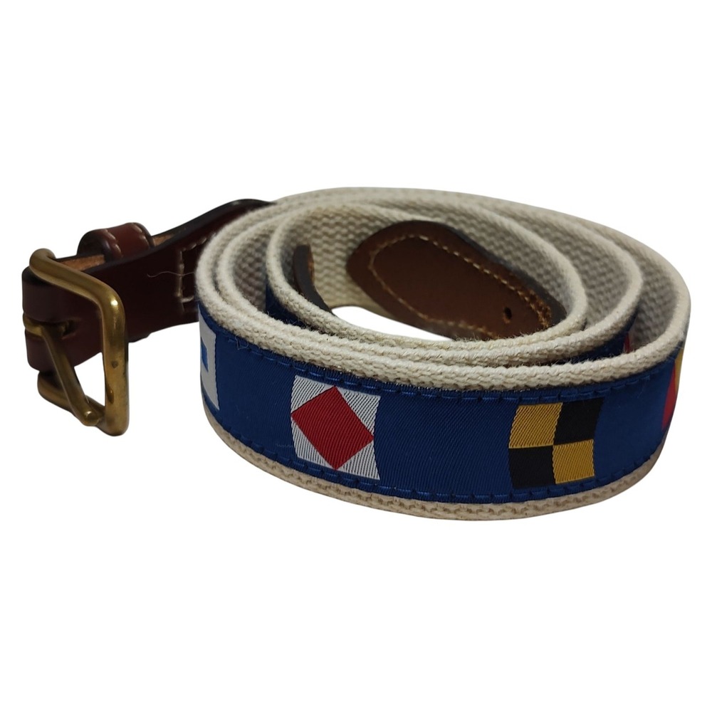 Leather Web Belt Mens Size 44 Sailing Flags Theme Gold Tone Buckle‎ Nautical